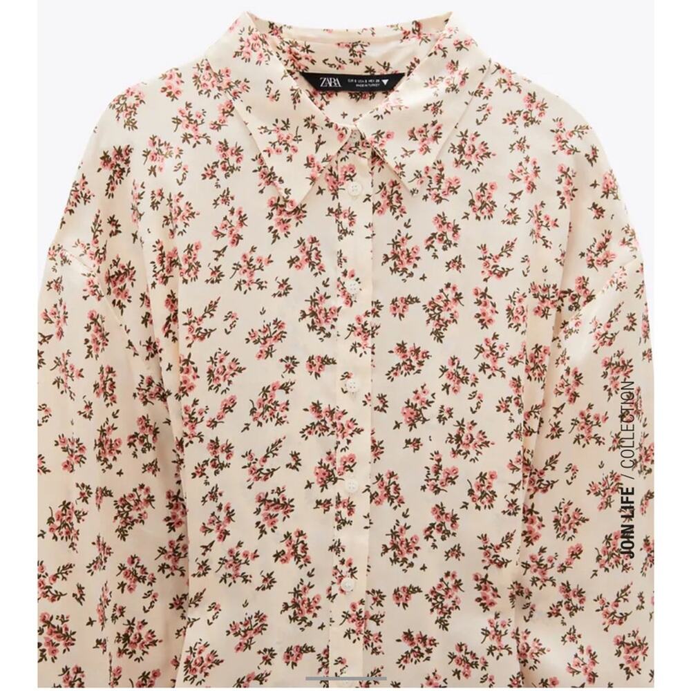 Zara Beige Cream Floral Satin Long Sleeve Button Down Shirt Blouse Size XS - Picture 13 of 16